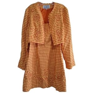Sue Wong 90s Y2K Clueless Mini Dress Cropped Jacket Set Orange Yellow Gingham